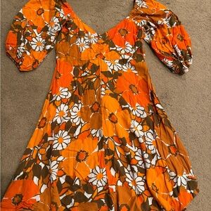 Faithfull the Brand Orange Floral Puff-Sleeve Mini Dress